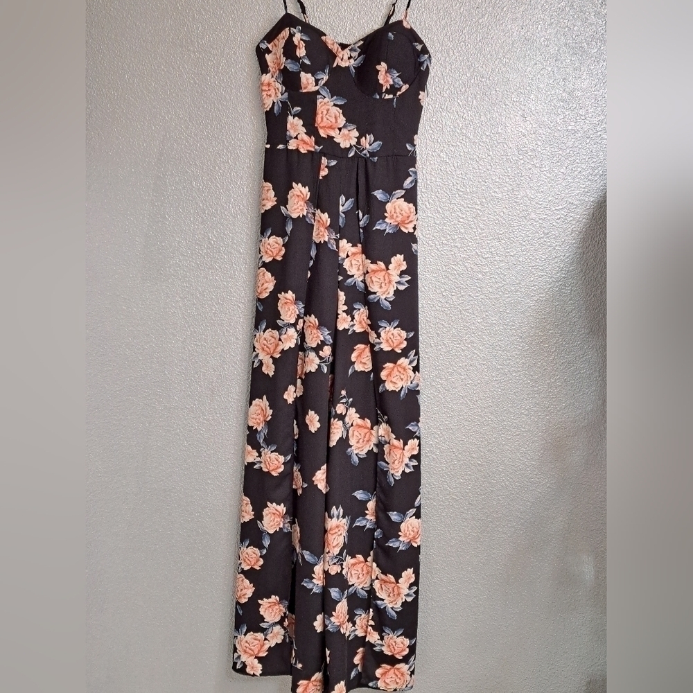 Black & Pink Floral Sweetheart Neckline Jumpsuit   Size S